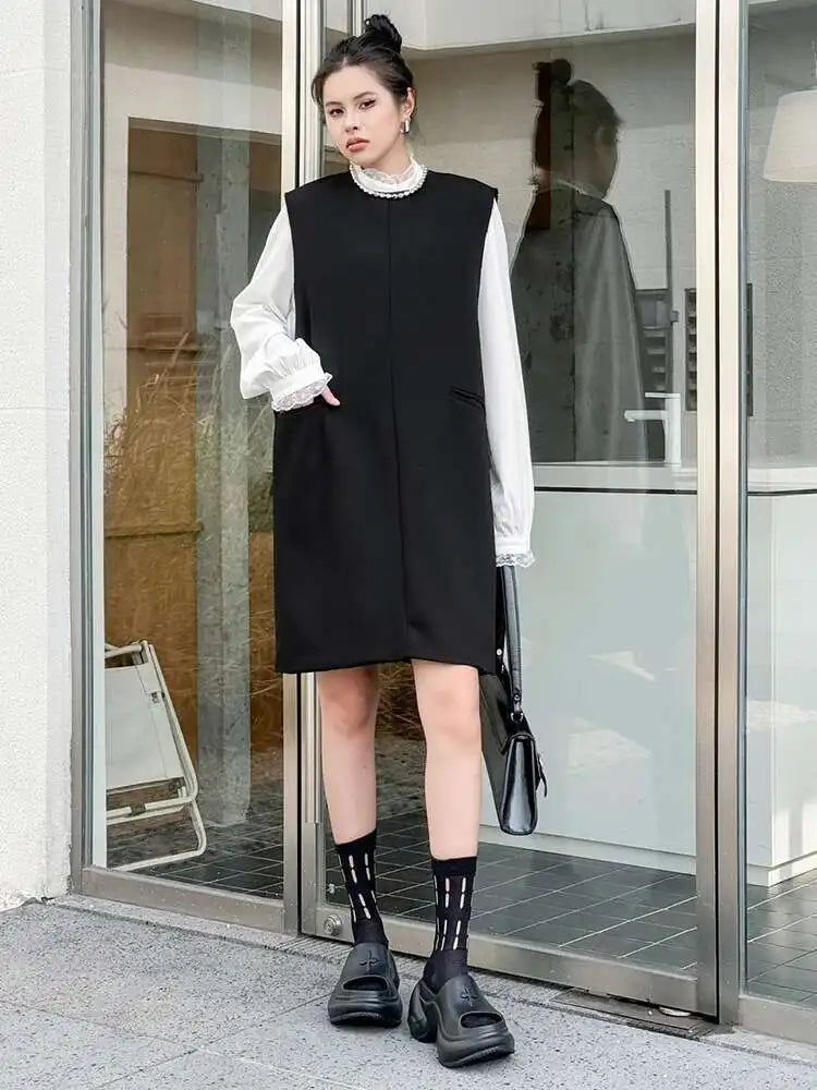 Women Black Brief Elegant Zipper Big Size Mini Dress New Round Neck Sleeveless Fashion Tide Spring Autumn 2025 1DH9820