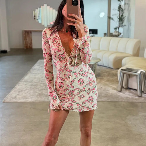 Load image into Gallery viewer, Deep V Neck Lace-up Print Sexy Mini Dress For Women Robe Elegant Long Sleeve High Waist Bodycon Floral Print Dress
