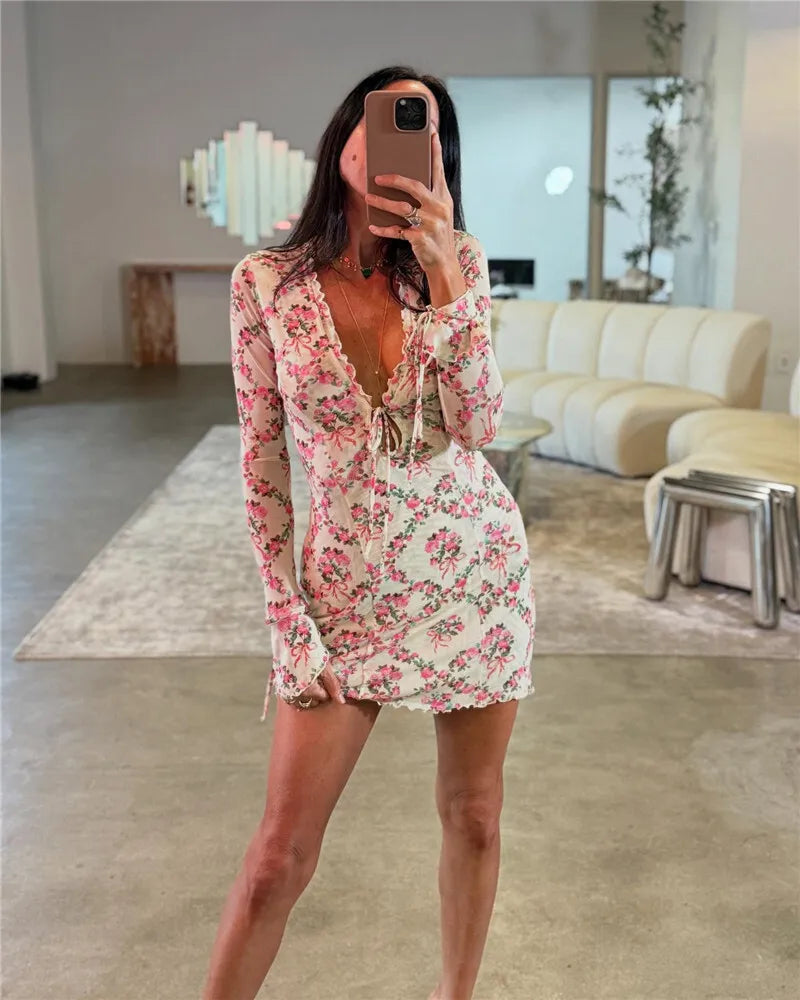 Deep V Neck Lace-up Print Sexy Mini Dress For Women Robe Elegant Long Sleeve High Waist Bodycon Floral Print Dress