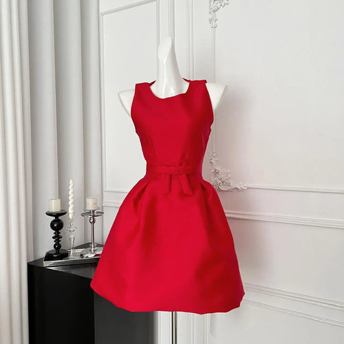 Load image into Gallery viewer, French 2025 Women Black Red Elegant Sleeveless Bow High Waist Short Vest Dress Summer Red Slim Holiday Birthday Party Mini Dress
