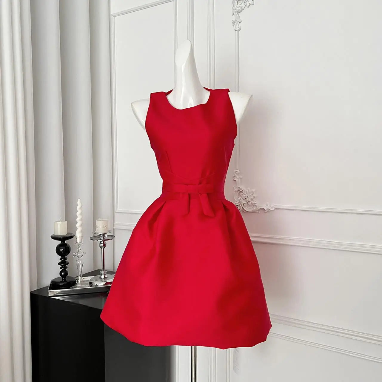 French 2025 Women Black Red Elegant Sleeveless Bow High Waist Short Vest Dress Summer Red Slim Holiday Birthday Party Mini Dress