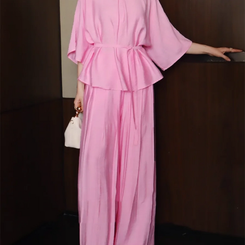 Load image into Gallery viewer, Solid Loose Two Piece Sets for Women Round Neck Half Sleeves Spliced Lace Up Top High Waist Wide Leg Pant Set Female
