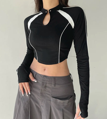 Casual Moto&Biker Style Skinny Women T-shirts Street Stripe Patchwork Crop Top Autumn Tee Shirts Sporty Basic Clothes