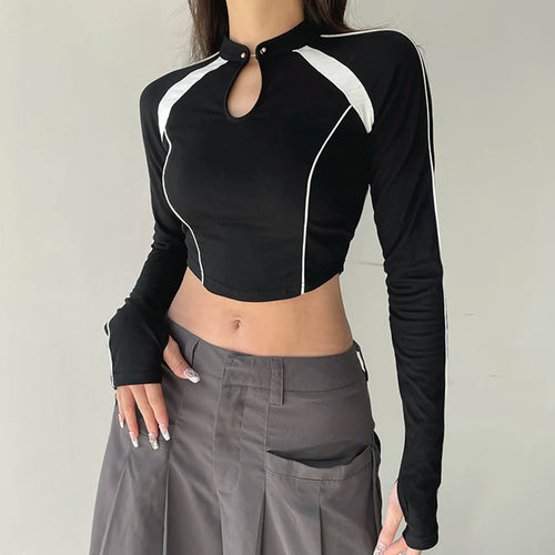 Load image into Gallery viewer, Casual Moto&amp;Biker Style Skinny Women T-shirts Street Stripe Patchwork Crop Top Autumn Tee Shirts Sporty Basic Clothes
