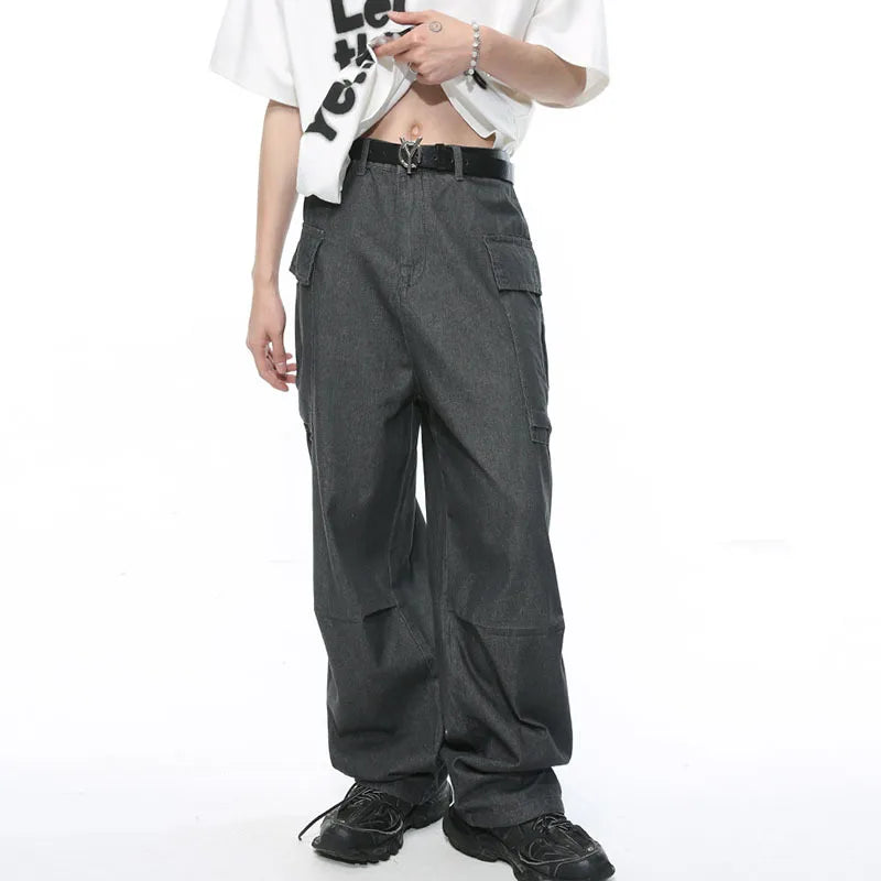 Men's Cargo Pants Summer New High Street Pocket Straight Leg Jeans Fashion Loose Zipper Male Trousers Solid Color 9C5293