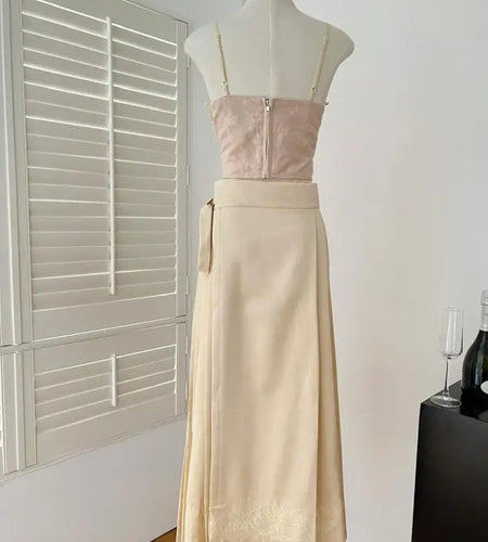 Summer 2025 Women Elegant Chinese Style Two Pcs Sets Beige Lace Backless Slim Slip Short Tops And High Waist Bandage Long Skirts