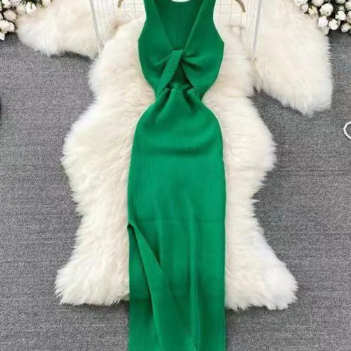 Load image into Gallery viewer, Fashion Women's Solid V Neck Elegant Sexy Club Slim Vest Long Dress Summer Vacation Backless Sleeveless Split Knitted Dress Chic
