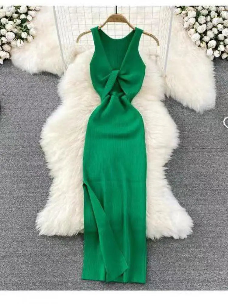 Korean Solid Knitted Split Long Dress Summer Women V Neck Sleeveless Kink Sexy Club Slim Bodycon Wrapped Hip Dress Vestidos Chic