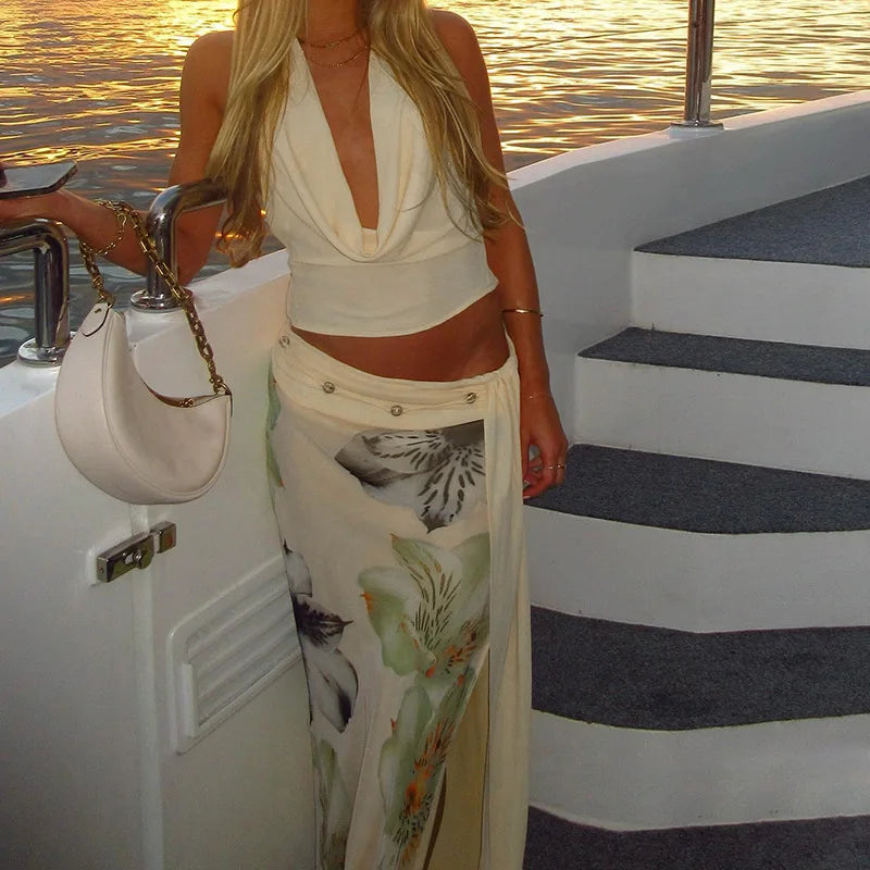 Mesh Print Skirt Two Piece Sets Women Halter Backless Tank Tops And Maxi Skirt Female Slim Summer Split Dress Sets