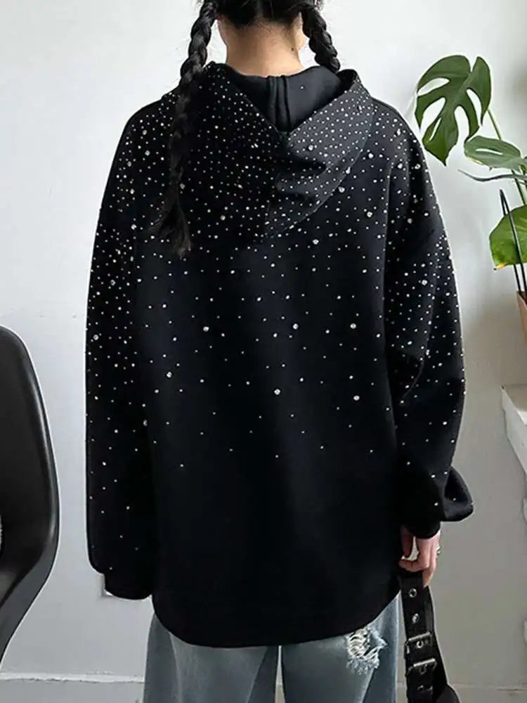 Black Rhinestones Shining Thick Sweatshirt New Hooded Long Sleeve Women Big Size Fashion Tide Spring Autumn 2025 1DJ0096