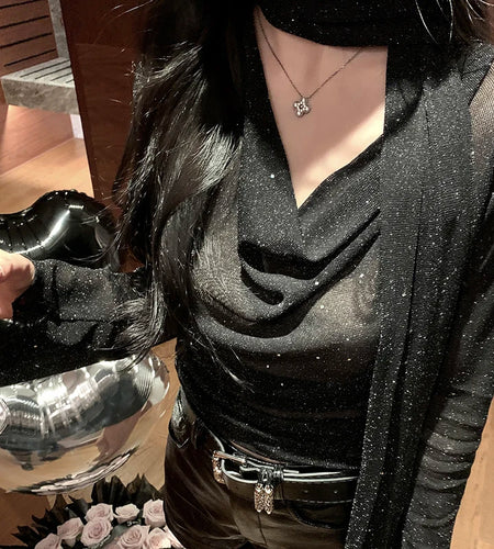 y2k Mesh Shirt Women Party Glitter See Through Cowl Neck Long Sleeve Tops 2000s Aesthetic Clothing Club Streetwear