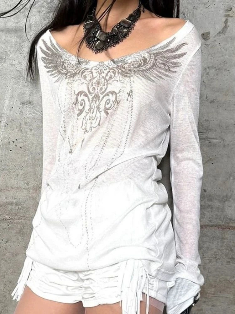 Y2k Aesthetic Sun Protection Women T-shirt Vintage Printing Streetwear Grunge Tshirts 2025 Harajuku Gothic Slim Fit Tees Femme