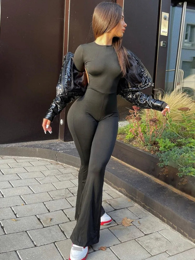 Autumn/Winter Women Sexy Backless Long Sleeve Jumpsuit Loudspeaked Long Pants Slim Tight Elastic Jumpsuit Rompers