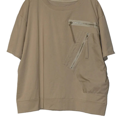 Load image into Gallery viewer, Women White Pocket Zipper Big Size Casual T-shirt New Round Neck Short Sleeve Fashion Tide Spring Summer 2025 1DJ0416
