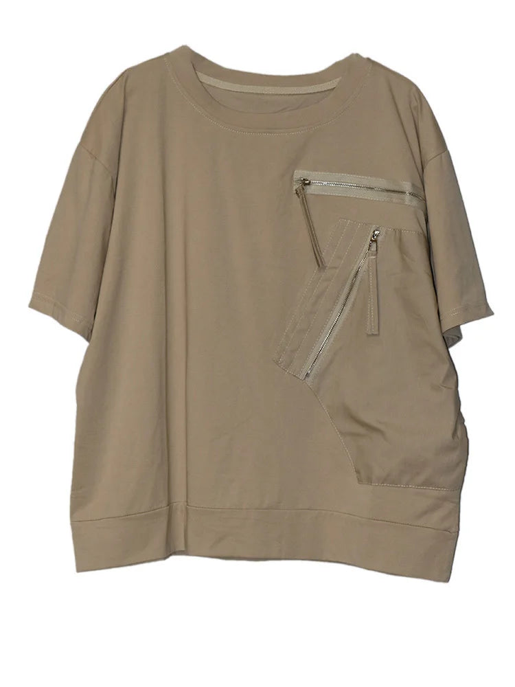 Women White Pocket Zipper Big Size Casual T-shirt New Round Neck Short Sleeve Fashion Tide Spring Summer 2025 1DJ0416