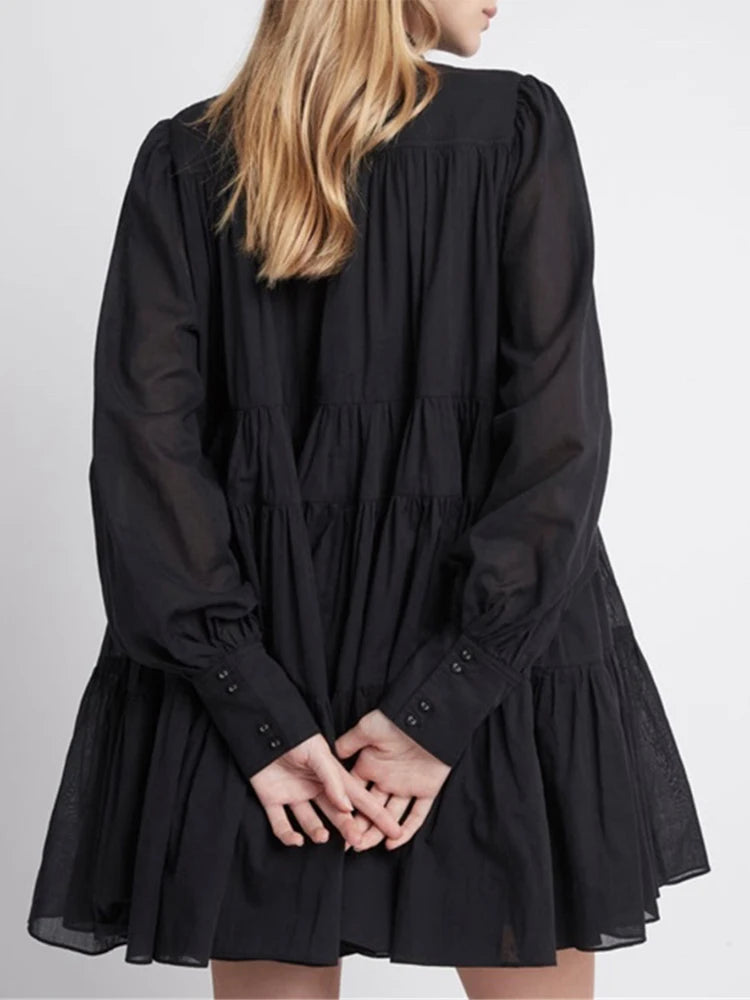 Casual Solid Shirt Dress Female Lapel Collar Long Sleeve Patchwork Folds High Waist Loose Dresses Female 2022 Clothing Style