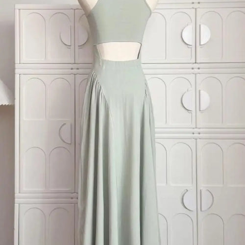 Load image into Gallery viewer, Summer Green Elegant Sleeveless Hollow Out Slim Pleated Long Dress Women's New Round Neck High Waist Vacation Vest Dress Fashion
