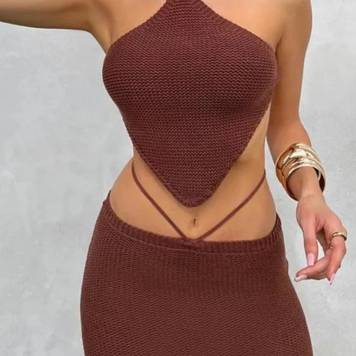Load image into Gallery viewer, Sexy Knitted Women Two Piece Set Hanging Collar Backless Vest CropTop Slim Fit Mini Skirt Set Charming Beach Party Suit
