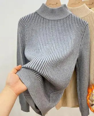 New Solid Basic Half High Collar Long Sleeve Women Velvet Sweater Autumn Winter Slim Thick Pullover Tops Knitwear Versatile Chic