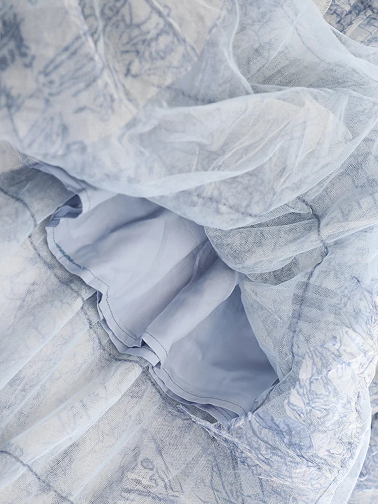 High Elastic Waist Blue Tie Dye Mesh Layers Cake Half-body Skirt Women Fashion Tide New Spring Autumn 2025 1DJ1140