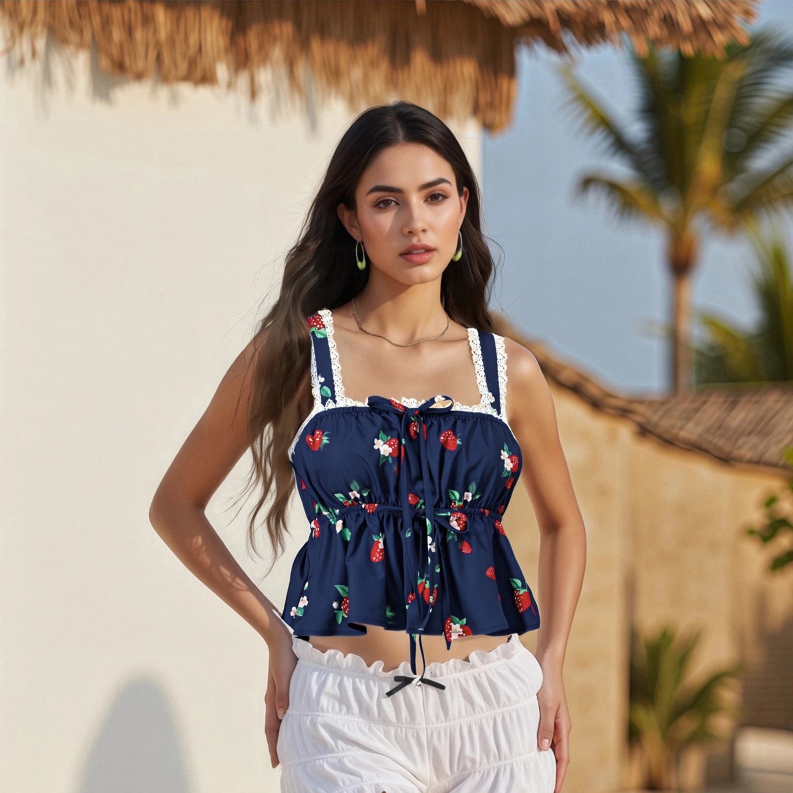 Strawberry Crop Top y2k Women Vest Lace Trim Tanks Tie-up Square Neck Sleeveless Open Back T Shirts 2000s Streetwear