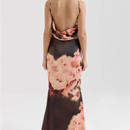 Load image into Gallery viewer, Satin Floral Print Sexy Maxi Dress Women Gown Elegant Spaghetti Strap Sleeveless Backless Bodycon Evening Club Dress
