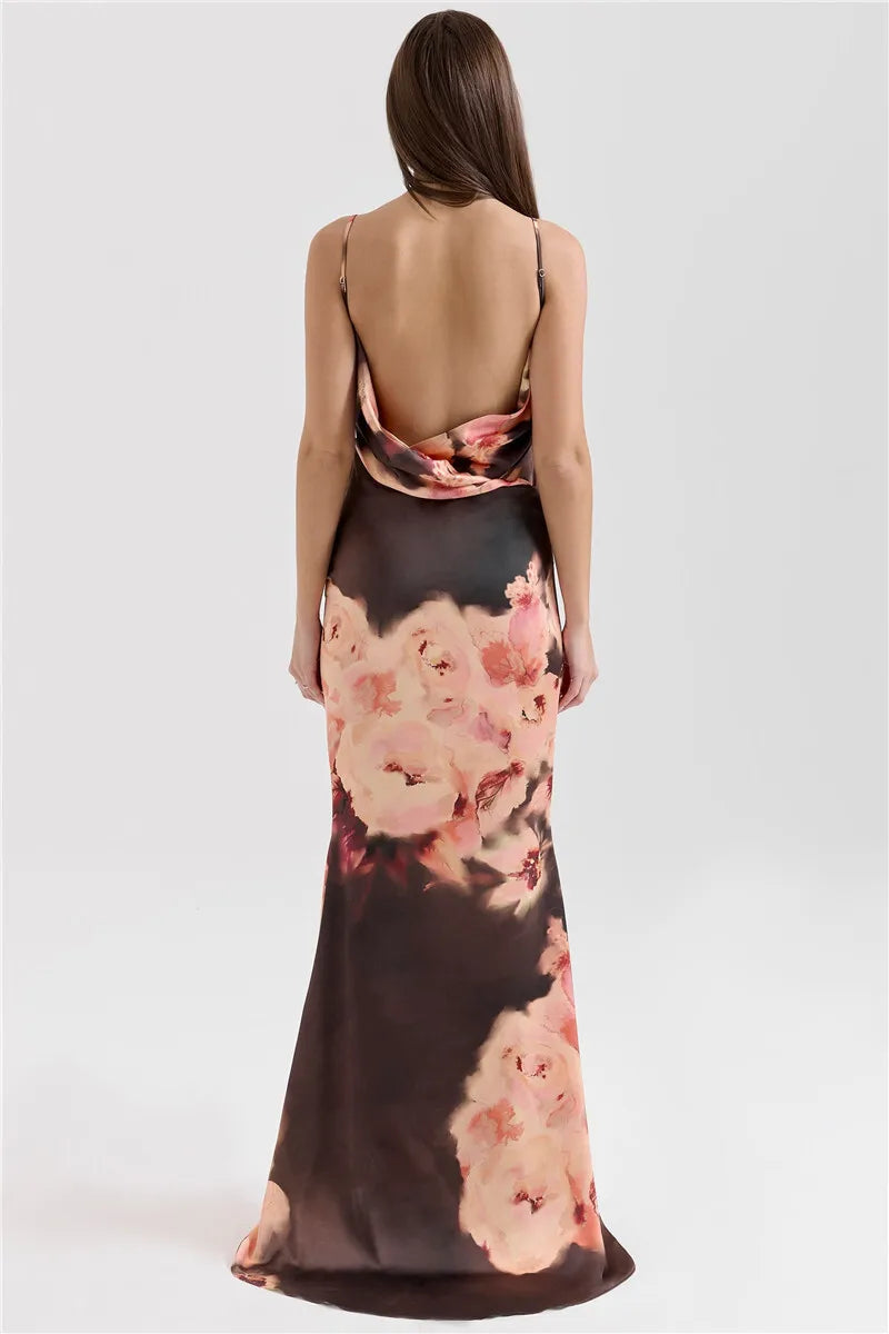 Satin Floral Print Sexy Maxi Dress Women Gown Elegant Spaghetti Strap Sleeveless Backless Bodycon Evening Club Dress