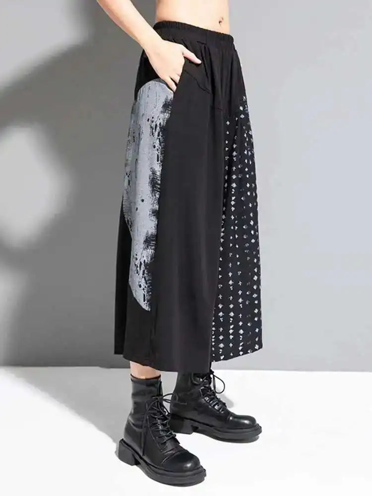 High Elastic Waist Black Pattern Printed Wide Leg Pants New Loose Fit Trousers Women Fashion Spring Autumn 2025 1DF8308