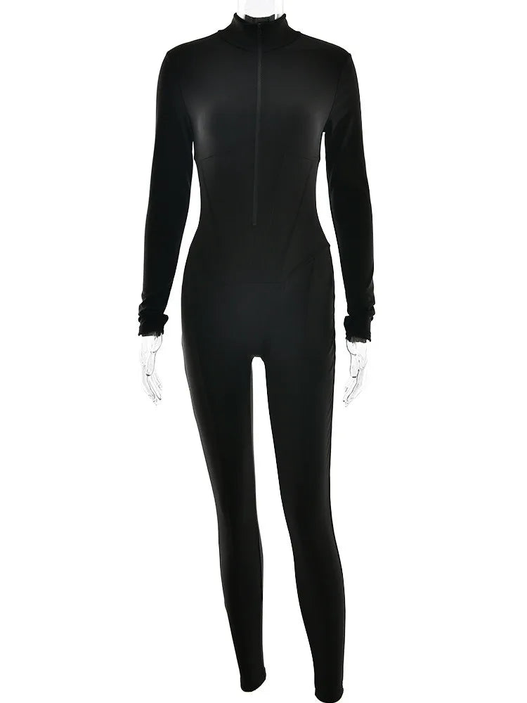 Fashion Long Sleeved Zipper Elastic Tight Jumpsuit For Women 2025 New Autumn/Winter Slim Female Casual Outdoor Rompers