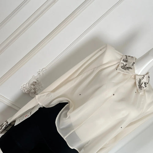 Load image into Gallery viewer, Autumn Beige Elegant Diamonds Shirt Women Clothing Vintage Fashion Long Sleeve Tops French Loose Casual Temperament Short Blouse
