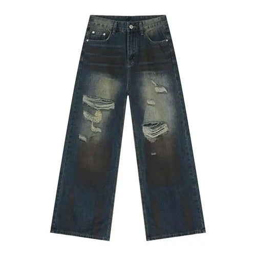Load image into Gallery viewer, High Street Men&#39;s Denim Pants Worn-out Hole Design Contrast Color Straigh Bottom Wide Leg Loose Male Denim Spring 9C8204
