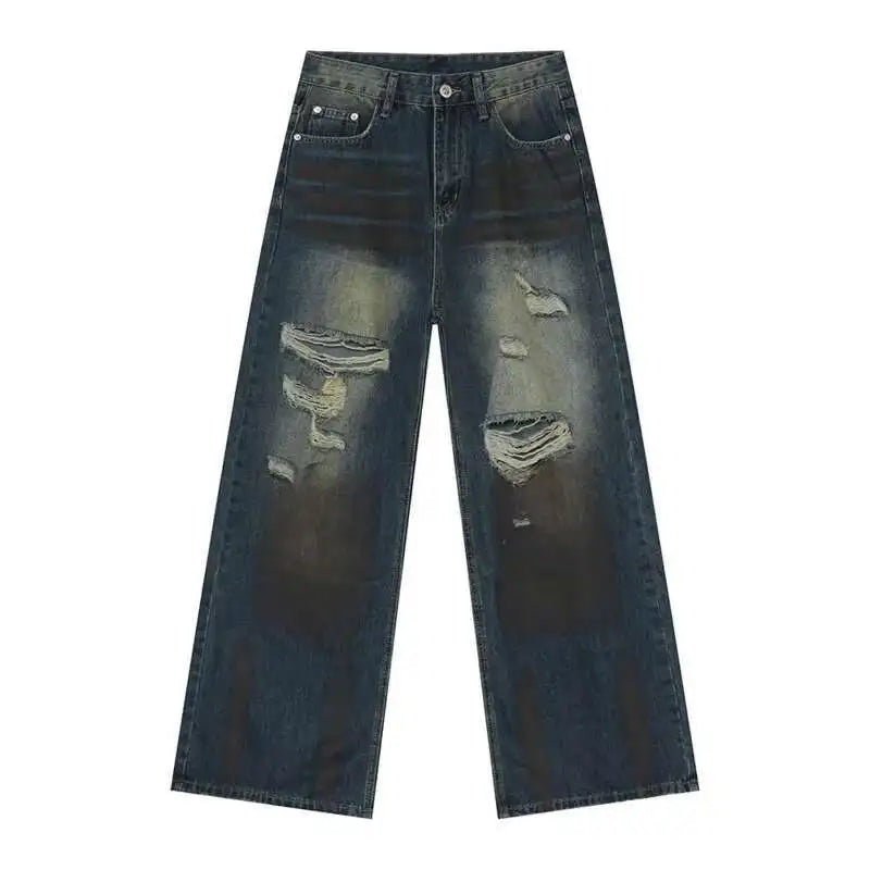 High Street Men's Denim Pants Worn-out Hole Design Contrast Color Straigh Bottom Wide Leg Loose Male Denim Spring 9C8204