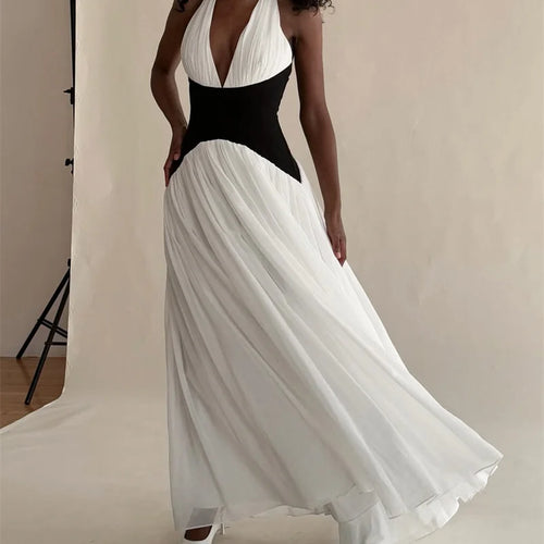 Load image into Gallery viewer, Halter Deep V Neck Backless Sexy Maxi Dress Women Gown Fashion Patchwork Sleeveless High Waist Club Party Long Dress
