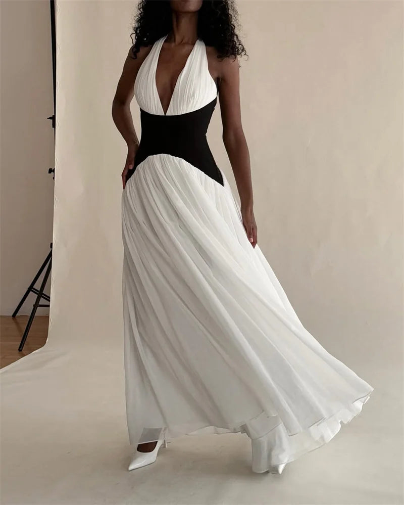 Halter Deep V Neck Backless Sexy Maxi Dress Women Gown Fashion Patchwork Sleeveless High Waist Club Party Long Dress