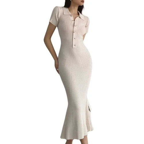 Load image into Gallery viewer, Korean Version Summer Solid Elegant Office Lady Button Knitted Long Dress Women's Slim Short Sleeve Wrapped Hip Fishtail Dresses
