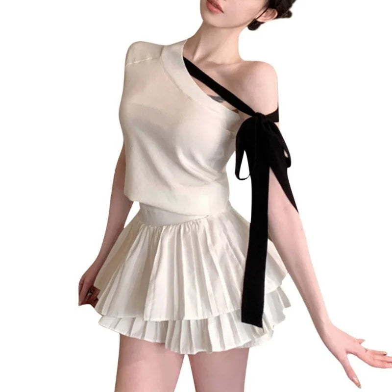 y2k Crop Tops Women Clothes Contrast Color Tie up Shoulders Contrast Color Asymmetrical T Shirts Vest 2000s Streetwear