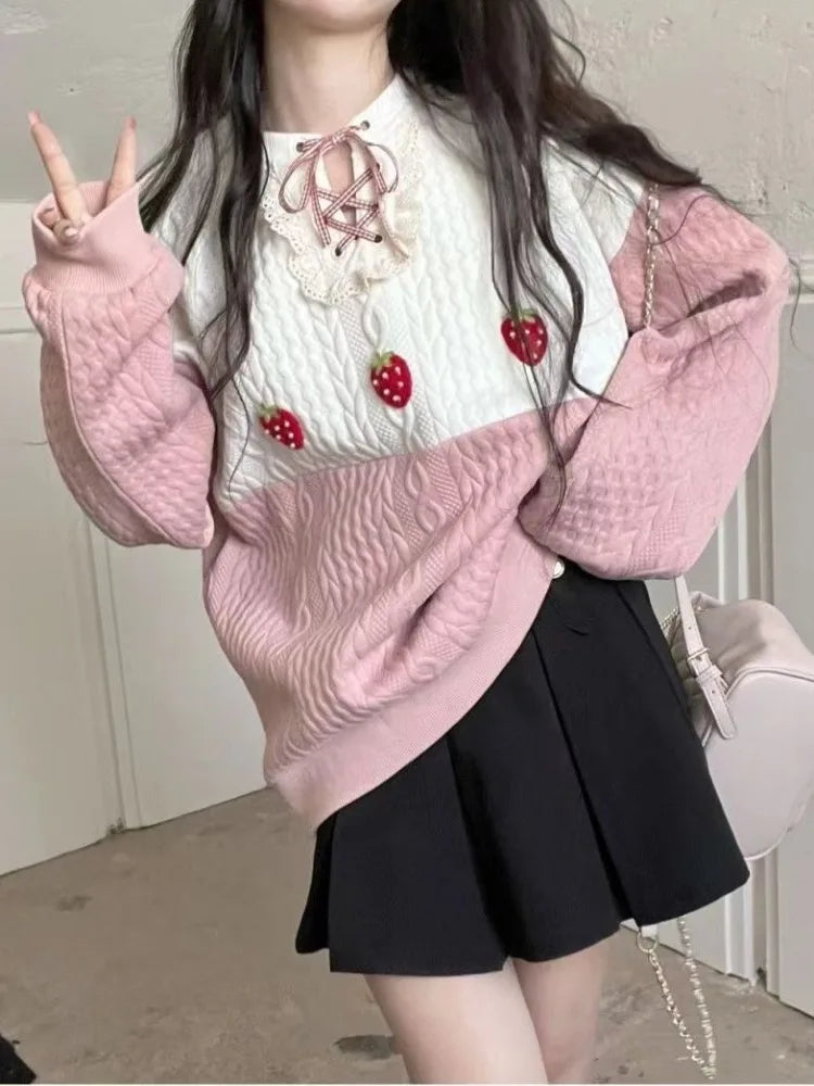Japan Kawaii Girls Kawaii Cute Sweatshirt Women Patchwork Sweet Simple Preppy Style  Loose Fashion Top Autumn