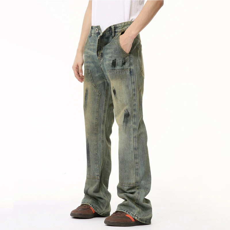 High Street Men's Jeans Worn-out Graffiti Painting Contrast Color Casual Denim Pants Straight Menwear Stylish 9C6500