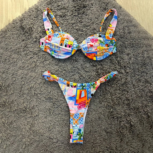 Load image into Gallery viewer, Brazilian Bikini 2024 Female Floral Thong Swimsuit Women Underwire High Cut Swimwear Push Up Bikini Set Bathing Suit
