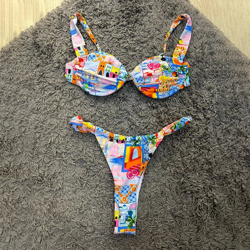 Brazilian Bikini 2024 Female Floral Thong Swimsuit Women Underwire High Cut Swimwear Push Up Bikini Set Bathing Suit