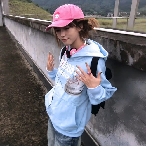 Load image into Gallery viewer, Japanese Y2k Blue Hoodies Vintage 2000s Style Sweatshirts Harajuku Aesthetics Letter Print Hooded Tops American Retro
