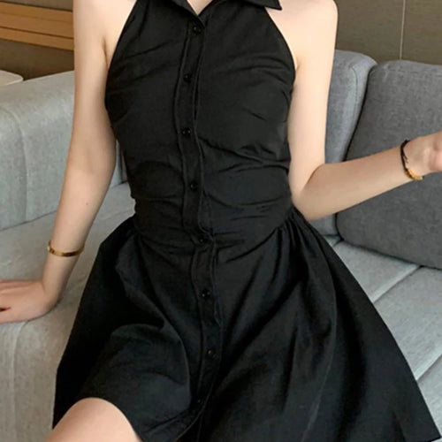 Load image into Gallery viewer, Black Halter Polo Neck Female Shirt Dress Slim Waist Sleeveless Solid Color Single Breasted Women&#39;s Dresses Office Lady
