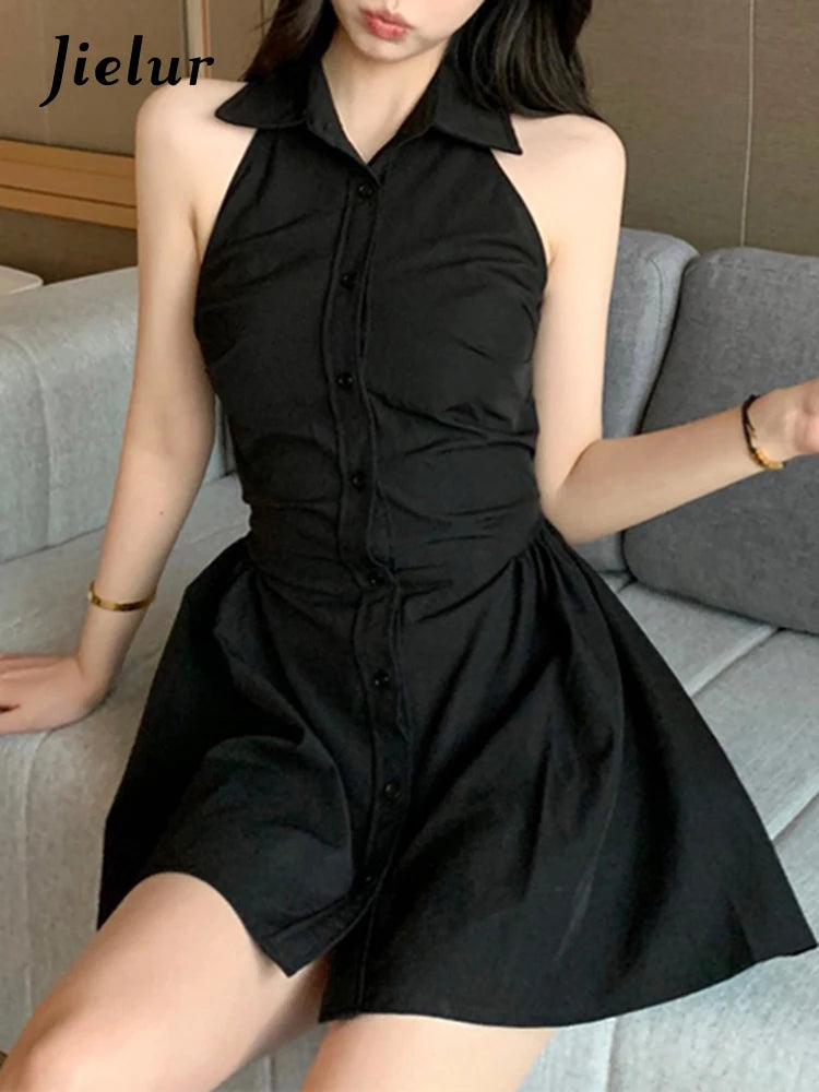 Black Halter Polo Neck Female Shirt Dress Slim Waist Sleeveless Solid Color Single Breasted Women's Dresses Office Lady