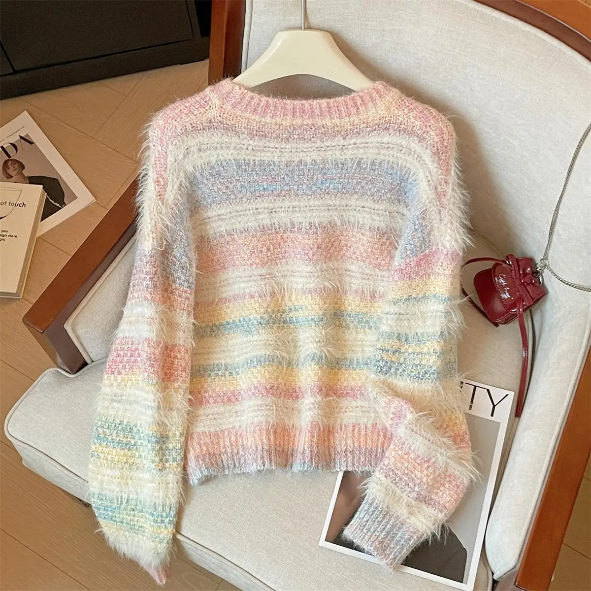 French Retro Fashion Women's Sweet Rainbow Round Neck Long Sleeve Knit Sweater Autumn Winter Vacation Short Pullover Tops Trendy