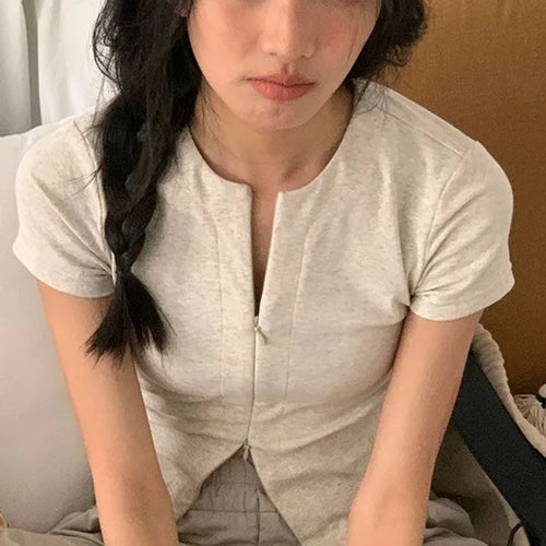 Load image into Gallery viewer, 2025 Harajuku Zipper Designer Solid Shirt Y2k Aesthetic Bodycon Simple Fairy Tshirt Women Slim Fit Streetwear T Shirt Summer
