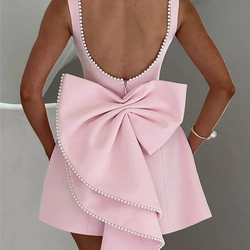 Load image into Gallery viewer, Pearl Bow Backless Sexy Mini Dress For Women Robe Fashion Zipper Sleeveless High Waist A-line Club Party Dress Elegant
