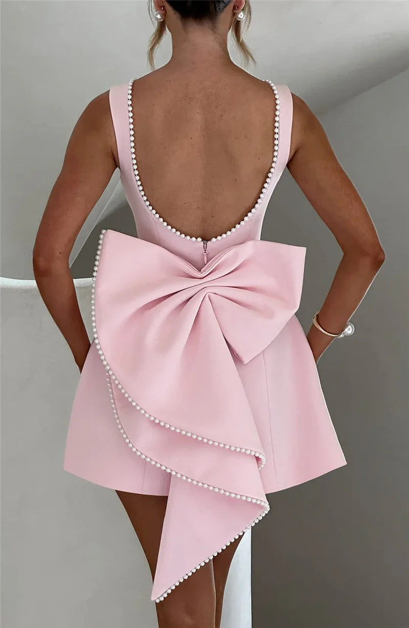 Pearl Bow Backless Sexy Mini Dress For Women Robe Fashion Zipper Sleeveless High Waist A-line Club Party Dress Elegant