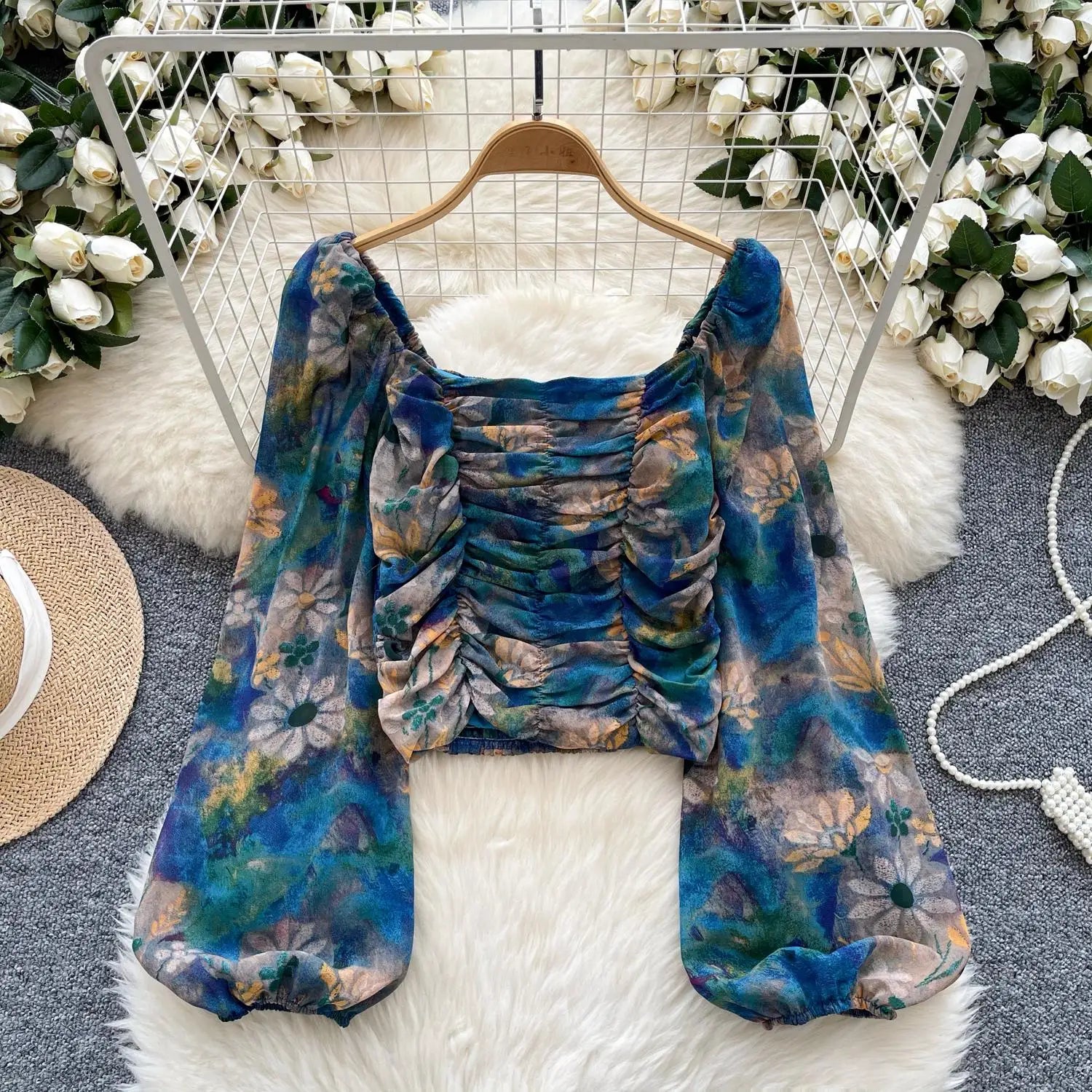 French Woman Plaid Long Sleeve Shirt Autumn Square Collar Slim Ladies Print Blouse Fashion Vintage Backless Short Pleated Tops