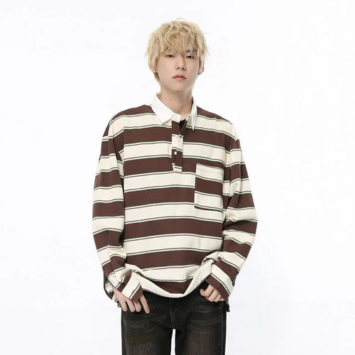 Load image into Gallery viewer, Trendy Men&#39;s Wear Long Sleeve T-shirt Lapel Pullover Autumn Academy Style Contrast Color Striped Men&#39;s Top 9C5182
