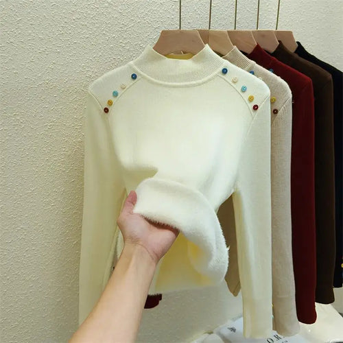 Load image into Gallery viewer, Autumn Winter Women Solid Colorful Button Velvet Sweater Korean Fashion Warm Knitwear Long Sleeve Festival Pullovers Tops Thick
